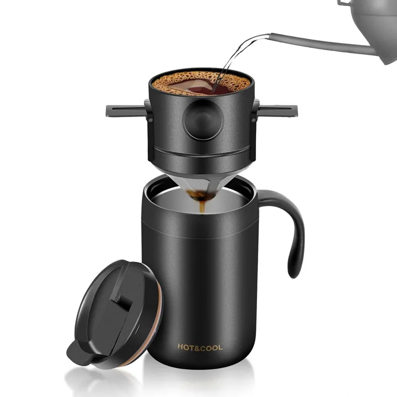 Portable Pour Over Coffee Set – Stainless Steel Thermal Tumbler with Dripper – Insulated Travel Mug, Home & Outdoor Camping Coffee Maker Kit