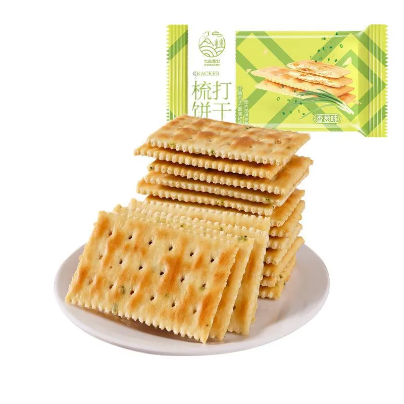 Scallion Soda Crackers – Milk Salt Flavor, Thin & Crispy – Savory Biscuit, Healthy Leisure Snack for Office, Tea Break or Travel
