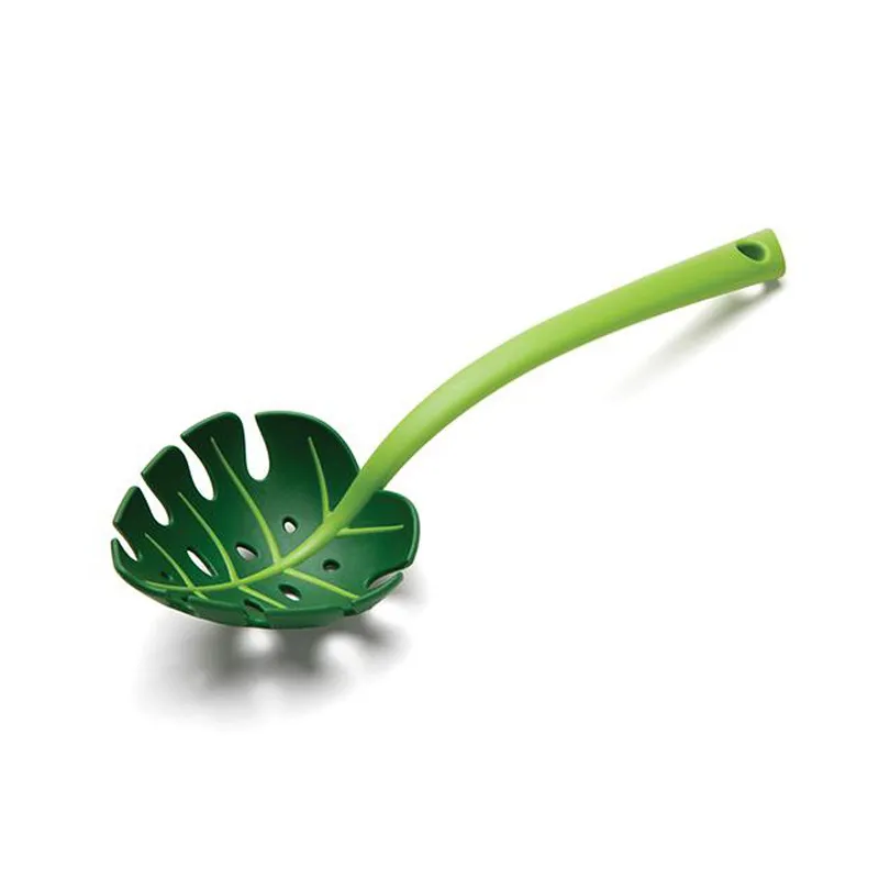 Green Leaf-Shaped Skimmer Spoon – Monstera Leaf Design Pasta Strainer Ladle, Slotted Spoon for Noodles, Frying, and Cooking
