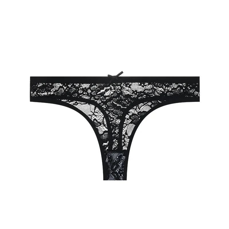 Ladies' Lace-Trim Low-Rise Triangle Thong Underwear, Bowknot Hollow-Out, Sexy Panties