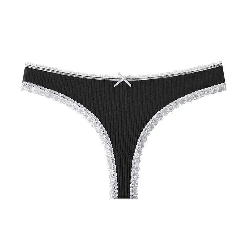 Women's Lace-Trim Low-Rise Ribbed Thong — Sexy, Pure Cotton, with Bowknot, Beach Style