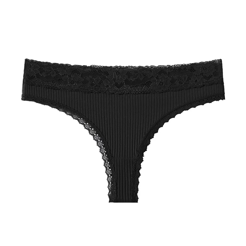 Sexy Ribbed Cotton Thong with Lace Trim — Perfect for Daily Wear, Women's Underwear
