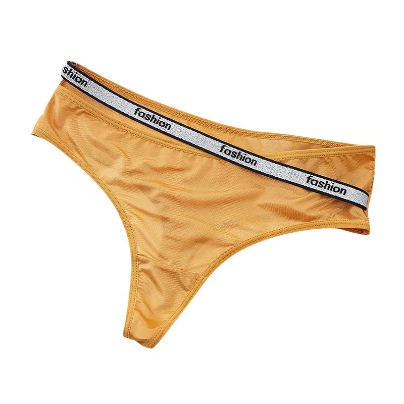 Ladies' Breathable Comfort High-Elastic Low-Rise Thong Underwear, Solid Color with Logo Waistband, Cut-Out Sexy Panties