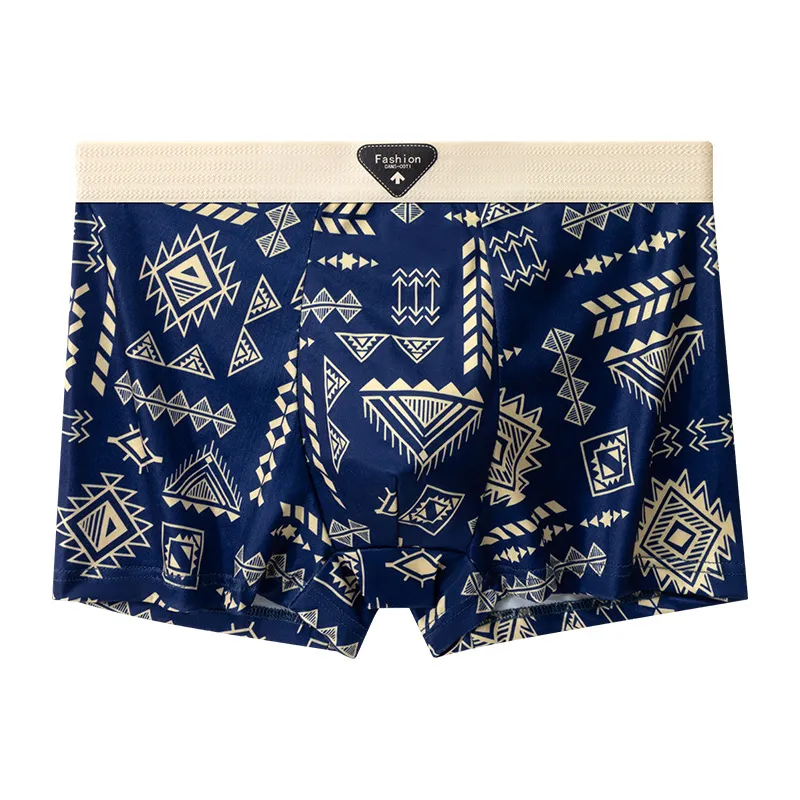 Men's Mid-Rise Stretch Boxer Briefs with Vintage Ethnic Print — Summer Weight, High-Elastic Fit, American Retro Style