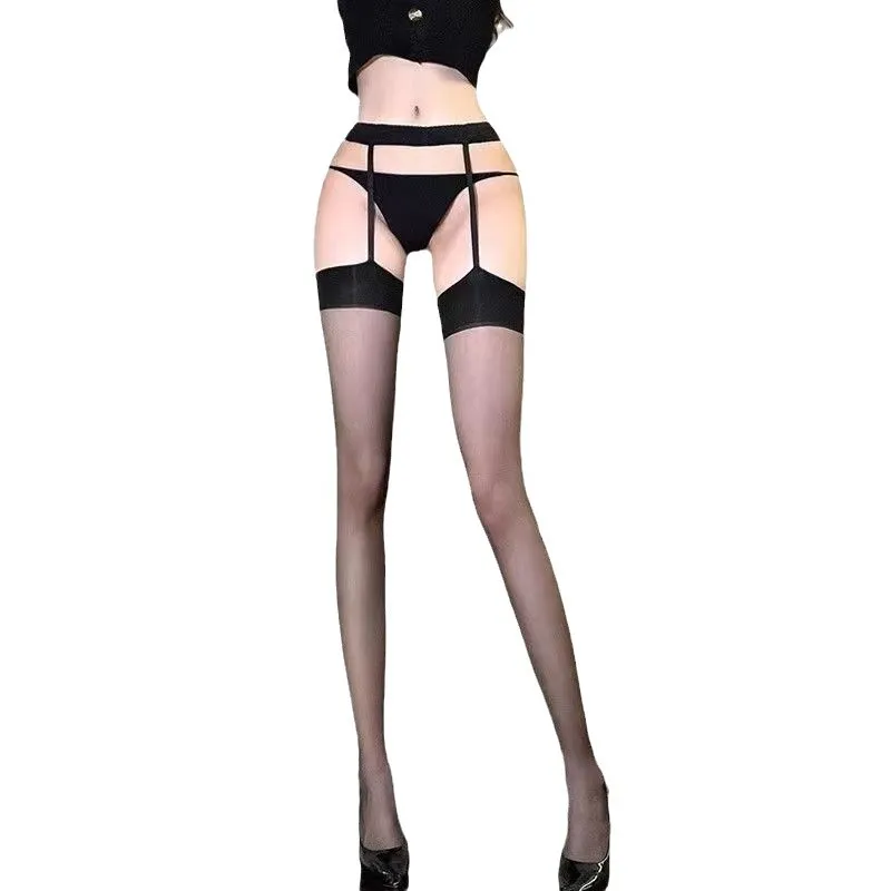 Sexy Crotchless Ultra-Sheer Pantyhose, Suspender Style, Black/White, Slit Design, Women's Fetish Tights.
