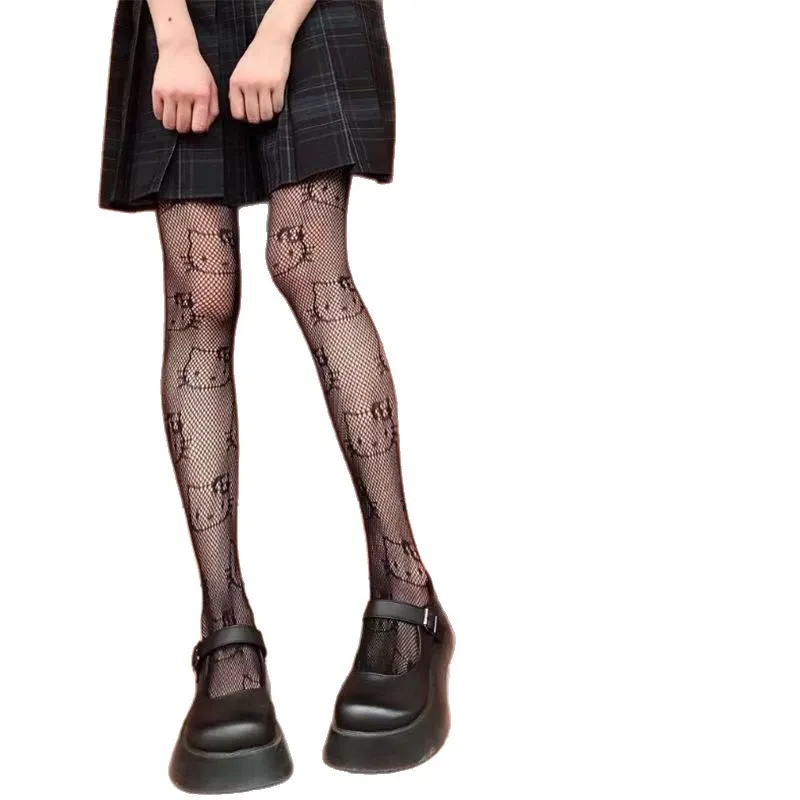 Sexy Fishnet Tights with Hello Kitty Cutout, JK Style, Sheer Black, Run-Resistant Mesh, Lolita-Inspired Pantyhose, Women's Base Layer.