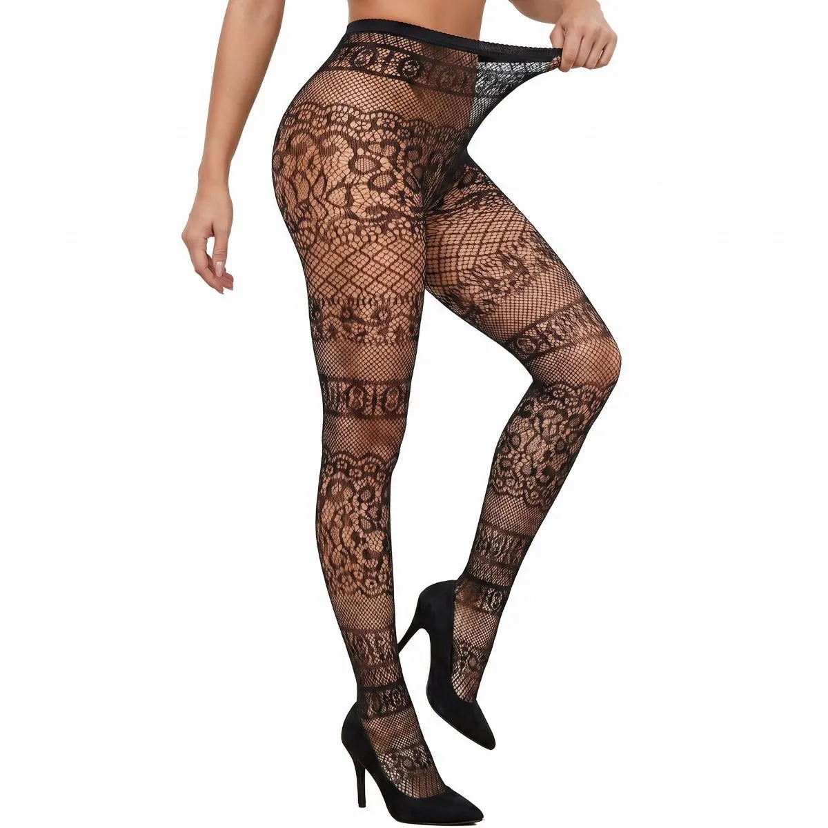 Vintage Sexy Fishnet Tights, Footed Pantyhose with Cutout Details, High-Stretch Black Sheer, Jacquard Lace Mesh Pattern, Women's Retro Lingerie Stockings.