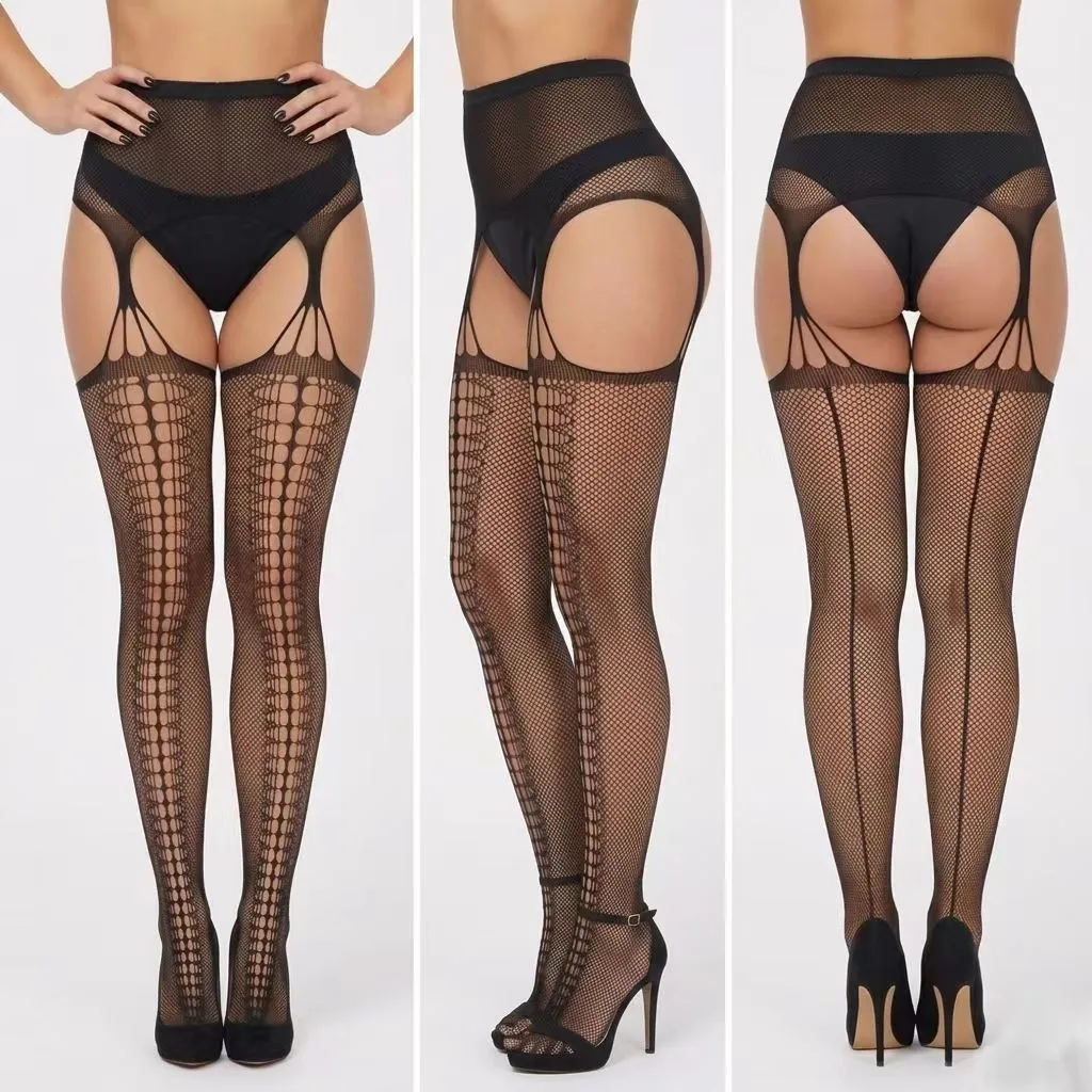 Four-Way Crotchless Fishnet Tights with Suspenders, High-Stretch Cutout Fetish Pantyhose, Easy-Access Sexy Garter Net Stockings.