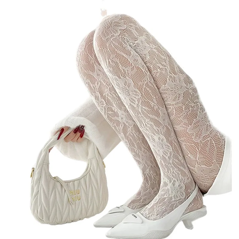 Vintage Floral Cutout Fishnet Tights, Run-Resistant Slimming Sheer Pantyhose with Lace Jacquard, JK Style Retro Stockings for Women.