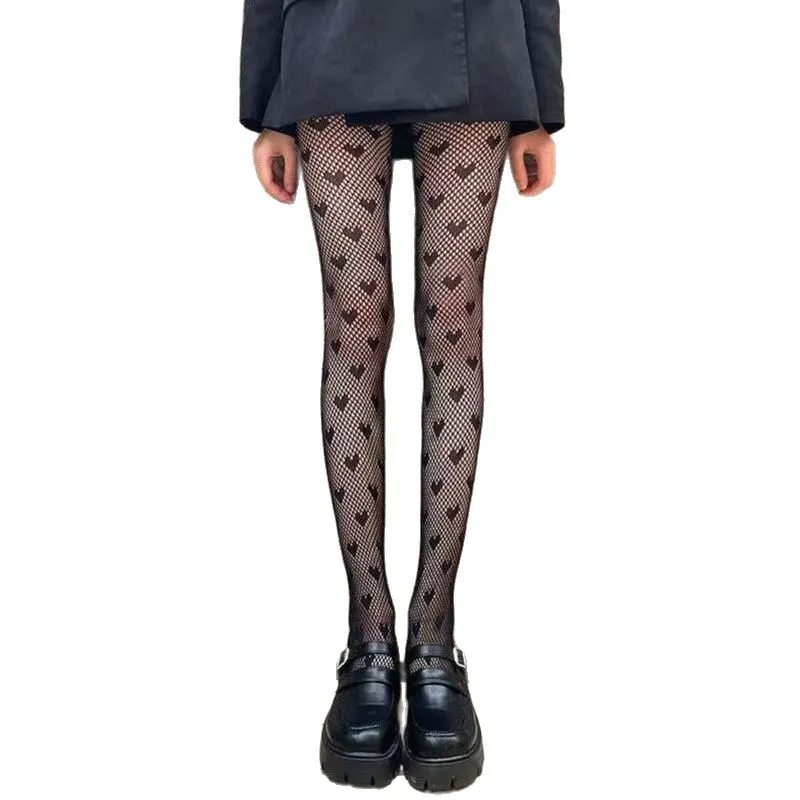 Black Cutout Pantyhose for Women, Heart-Shaped Mesh Sexy Stockings, Seductive Base Layer Fishnet Tights.