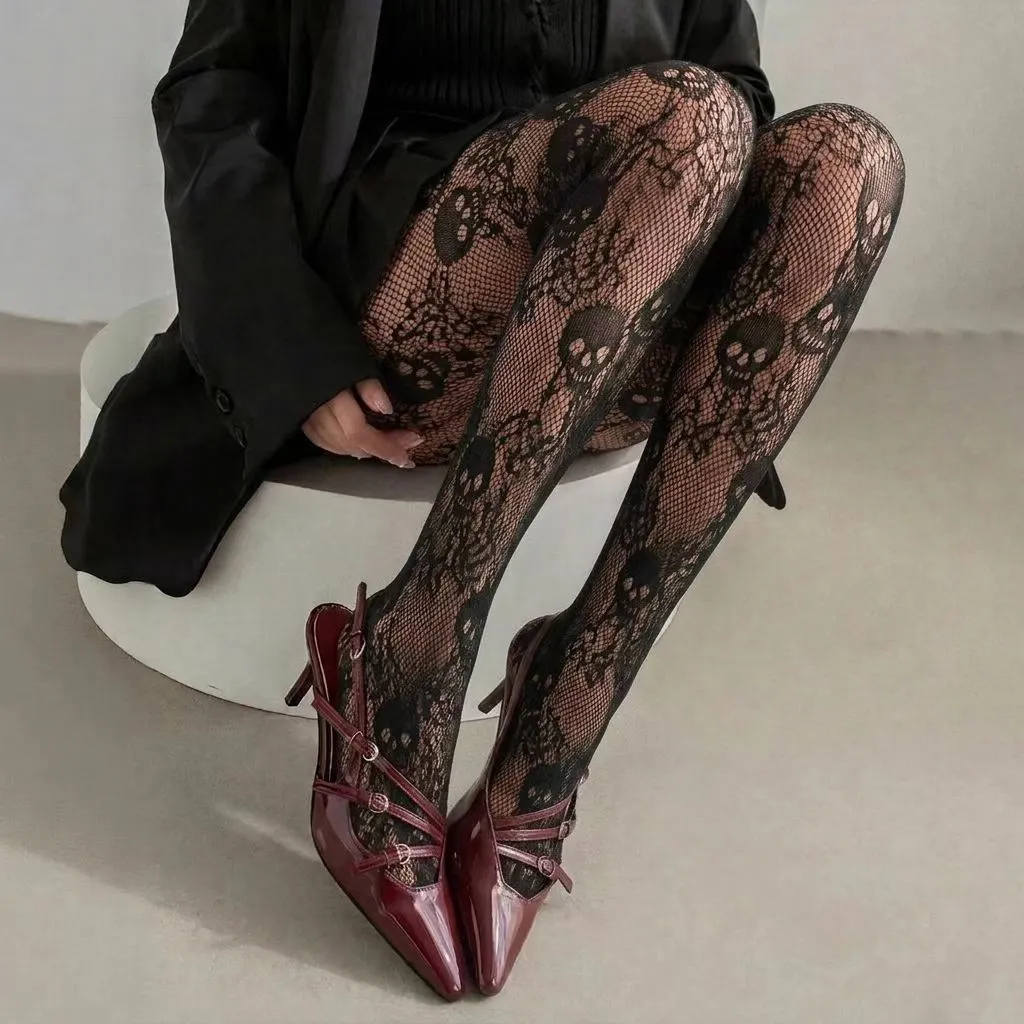 New Style Sexy Fishnet Tights, Halloween Skull Print with Rose Lace Cutout, Women's Gothic Pantyhose Base Layer.