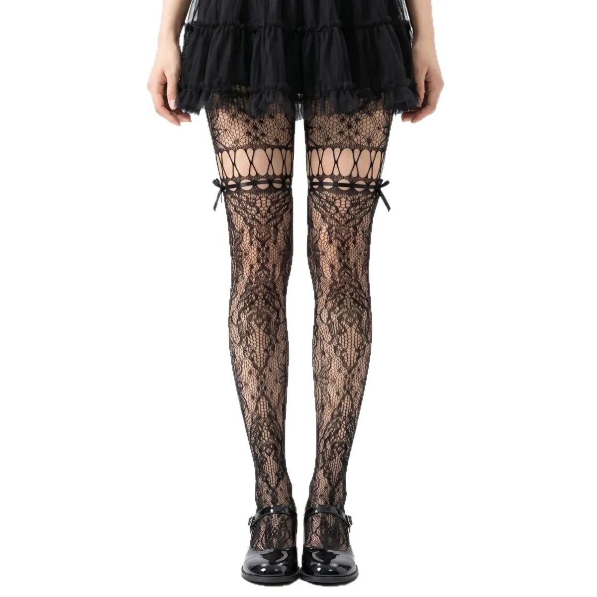 Midnight Black Fishnet Tights with Ribbon Lace-Up, Mesh Cutout Details, Lace-Trimmed Sheer Pantyhose.
