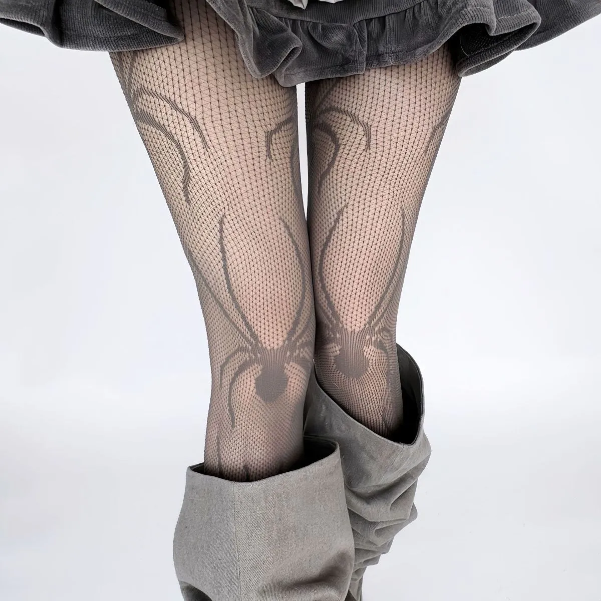 Large Spider Print Fishnet Tights, Slimming Black Sheer Cutout Pantyhose, Sexy Alternative Niche Fashion Stockings.