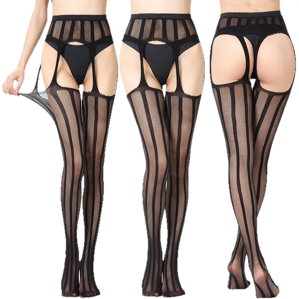 Ultra-Sheer Fishnet Bodystocking with Vertical Stripes & Cutout, Footed Integrated Garter Suspender, Western Fetish Lingerie for Women.