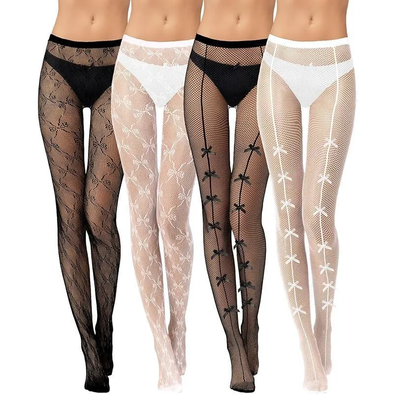 Sexy White Fishnet Tights with Small Bow Cutout, Women's Fetish Base Layer, JK Lolita Sheer Slimming Pantyhose.