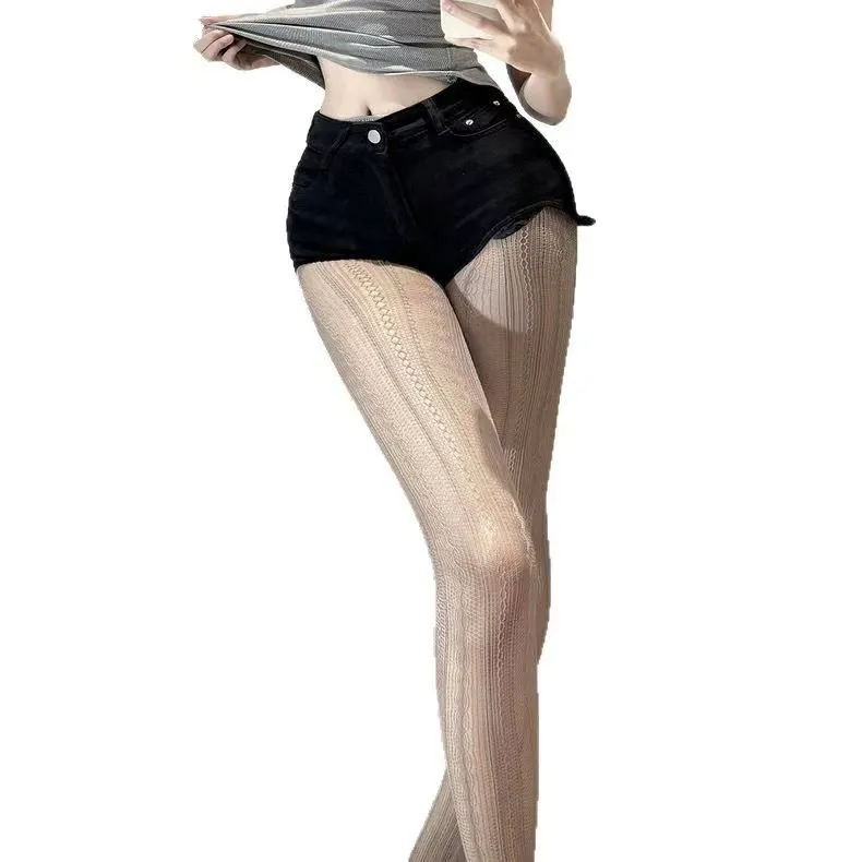 Vintage JK Style Fishnet Tights, Run-Resistant Sexy Pantyhose with Cutout Jacquard Stripes, Slimming Fetish Net Stockings.