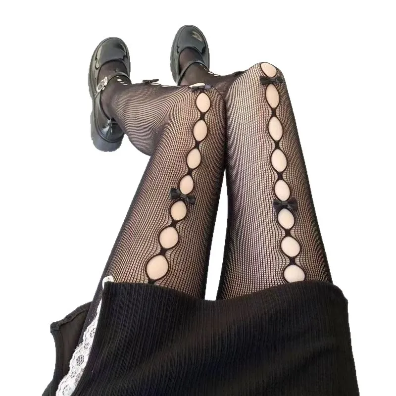 Bow-Trimmed Sheer Pantyhose for Women, White/Creamy or Black, JK Lolita Style, Pure Allure Lightweight Base Layer Tights.