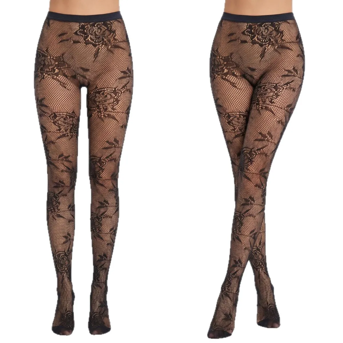Rose Jacquard Fishnet Tights, Sheer Black Lace-Trimmed Pantyhose, See-Through Fetish Mesh Stockings for Women.