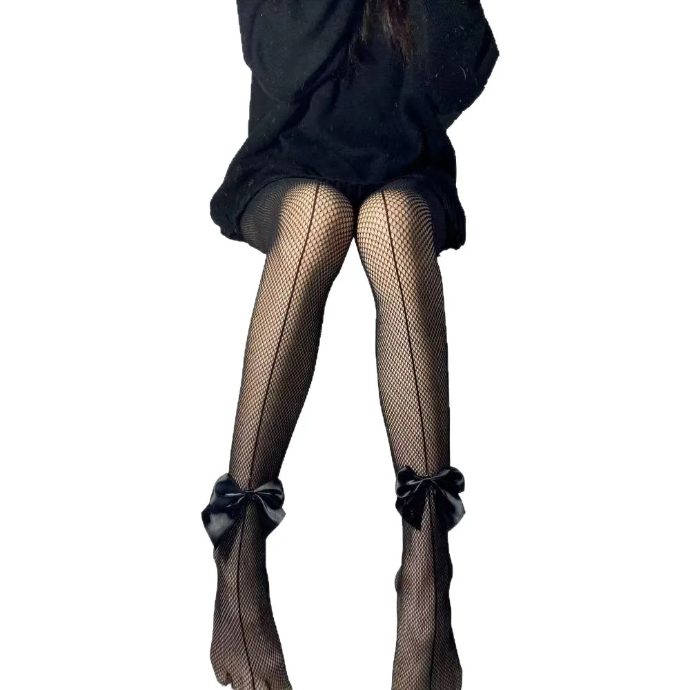Sexy JK Style Fishnet Tights, Sheer Black Run-Resistant Cutout Bow Pantyhose, Ultra-Thin Base Layer Stockings for Women.