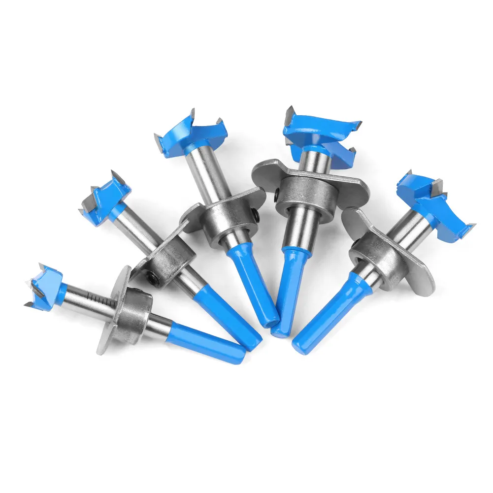 Adjustable 15-35mm Hinge Boring Drill Bit Set with Hex Shank — Flat Wing Reamer, Self-Centering Positioning Design for Woodworking